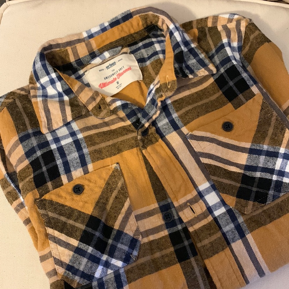 Boys Medium cotton flannel look long sleeve button up shirt mustard/navy